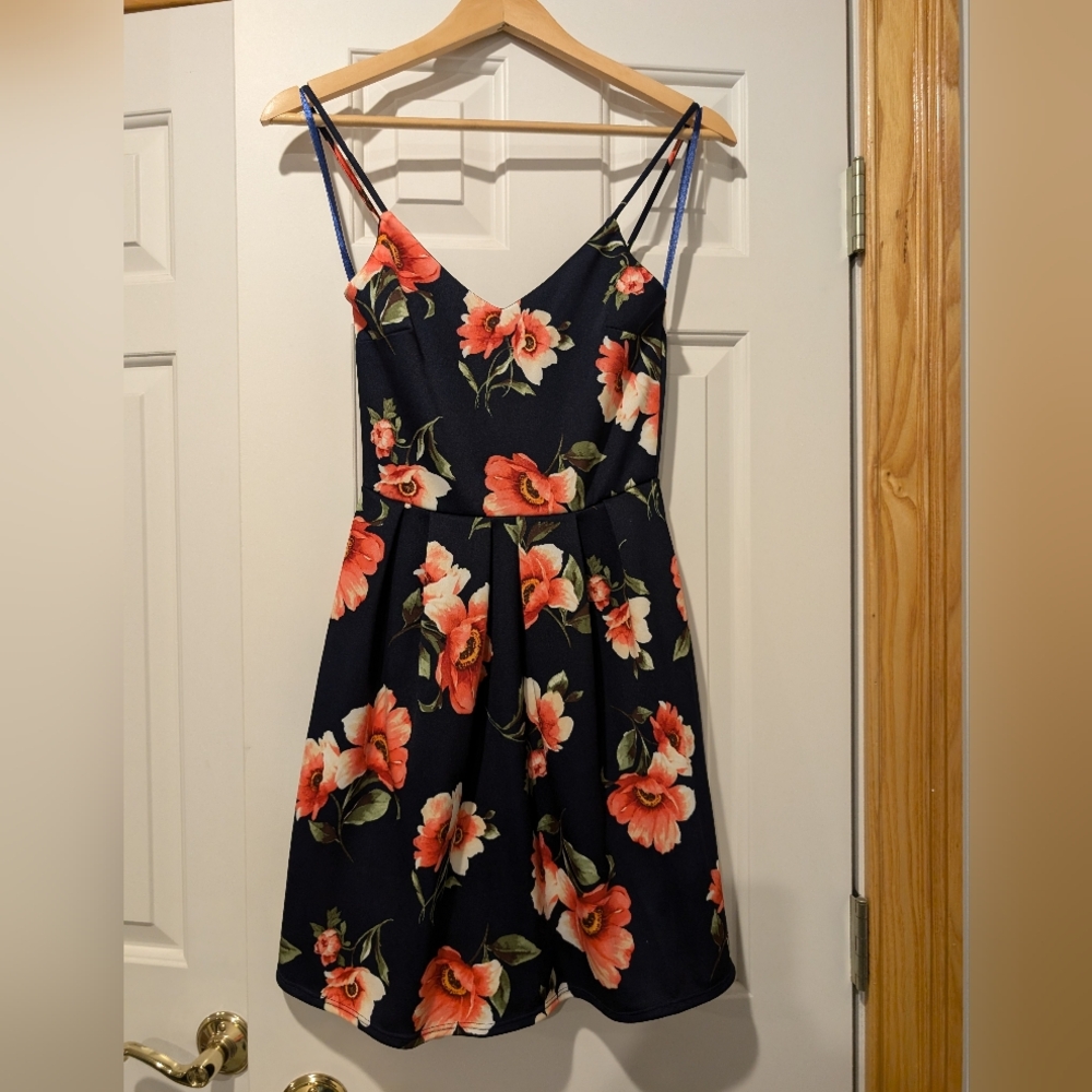 Monteau - Navy Blue with Pink Spaghetti Strapped Sun Dress - Small (S)